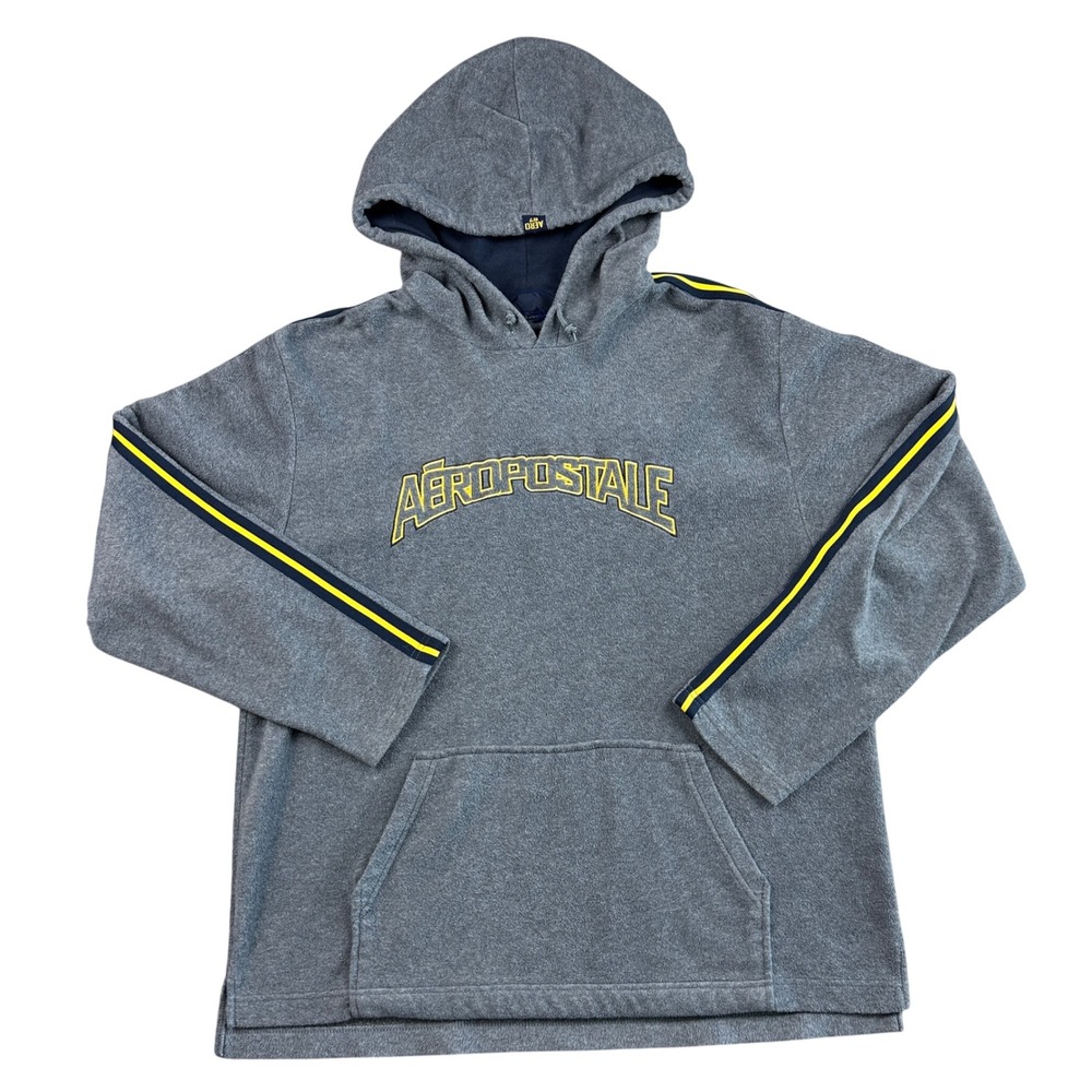 Vintage Aeropostale Fleece Hoodie Gray Racing Stripe Pullover XL Y2K 90's Skater